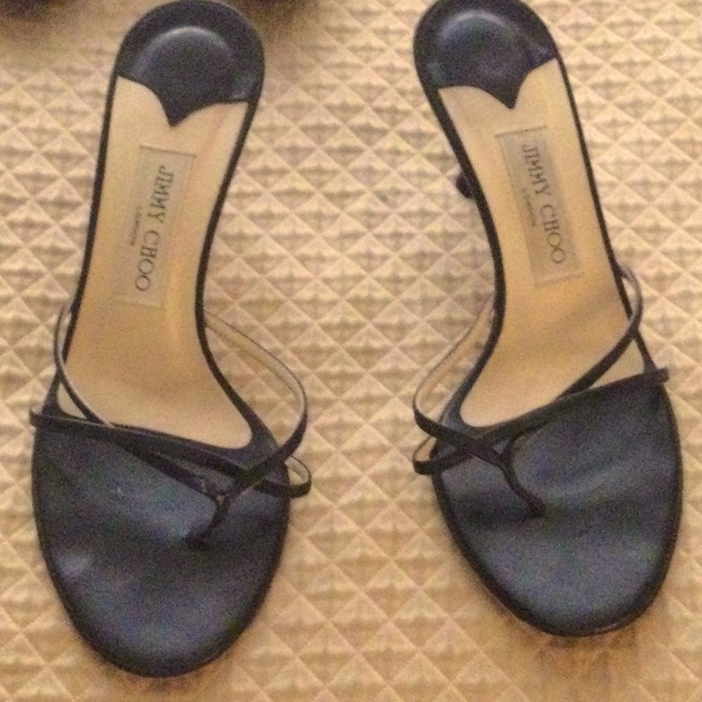 Jimmy Choo Blk Size 38 Leather Thong Mid-Heeled Strappy Sandals